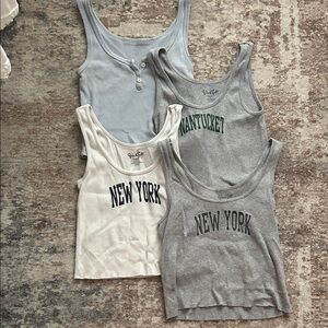 Brandy Melville Gray, Light Blue, and Cream Graphic Ribbed Tank Tops - Set of 4
